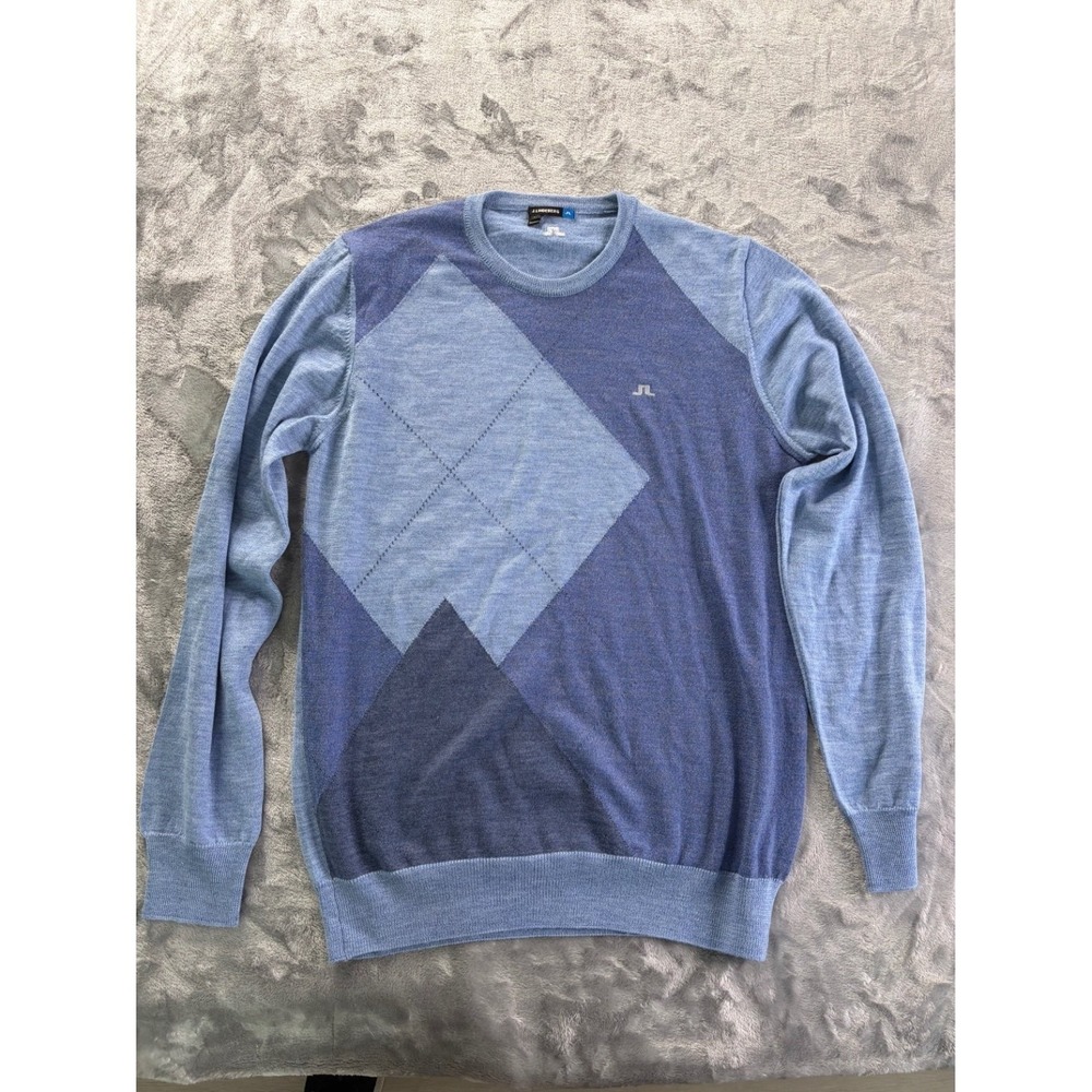 J.Lindeberg Men's Sweater L Blue Geometric Diamond Pattern Merino Men Wool Neck